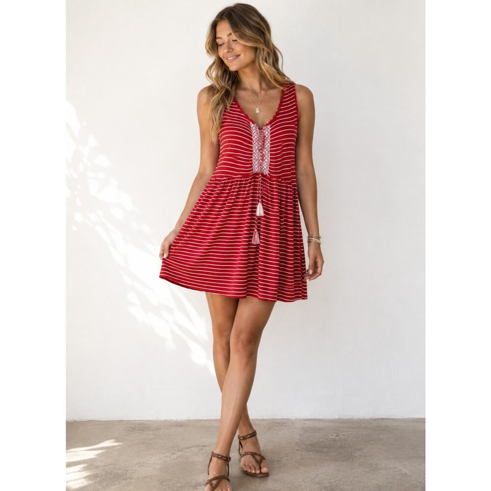 Max Studio Red Striped Sleeveless Dress Womens M Lace Up Mini Beachy Casual